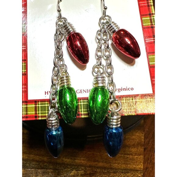 Holiday-Themed Hypoallergenic Earrings Colorful Bulbs On Silver Chains Festive - Picture 2 of 9